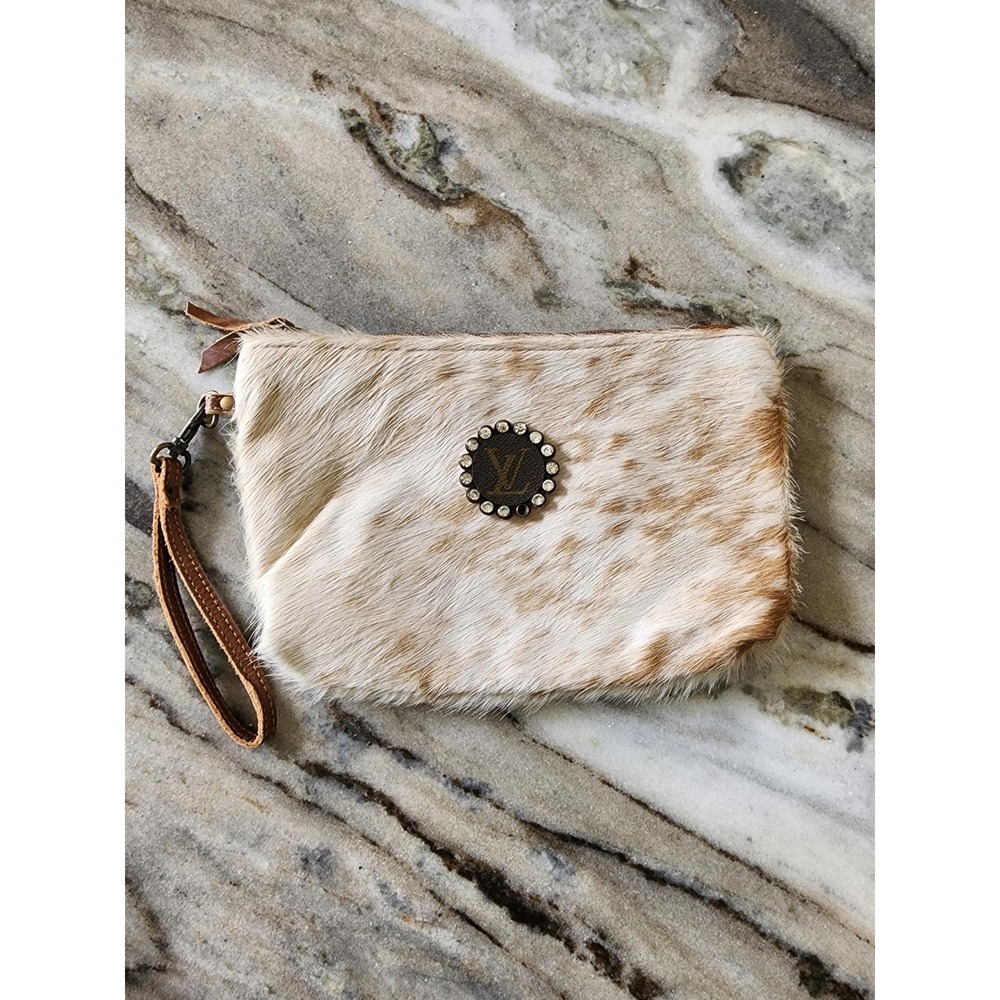 Myra Bag Cowhide Wristlet Clutch with Upcycled LV Rhinestone Patch FLAW